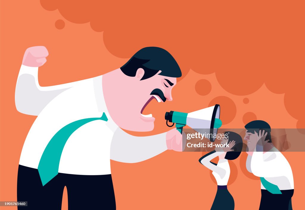 Boss holding megaphone and guiding employees