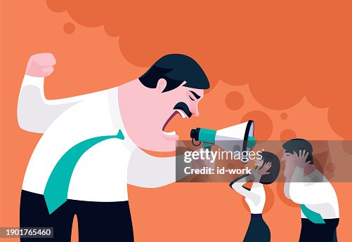 Boss holding megaphone and guiding employees Boss holding megaphone and guiding employees