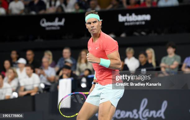 Rafael Nadal of Spain celebrates after winning a point in his match against Dominic Thiem of Austria during day two of the 2024 Brisbane...
