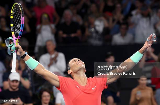 Rafael Nadal of Spain celebrates victory after his match against Dominic Thiem of Austria during day two of the 2024 Brisbane International at...