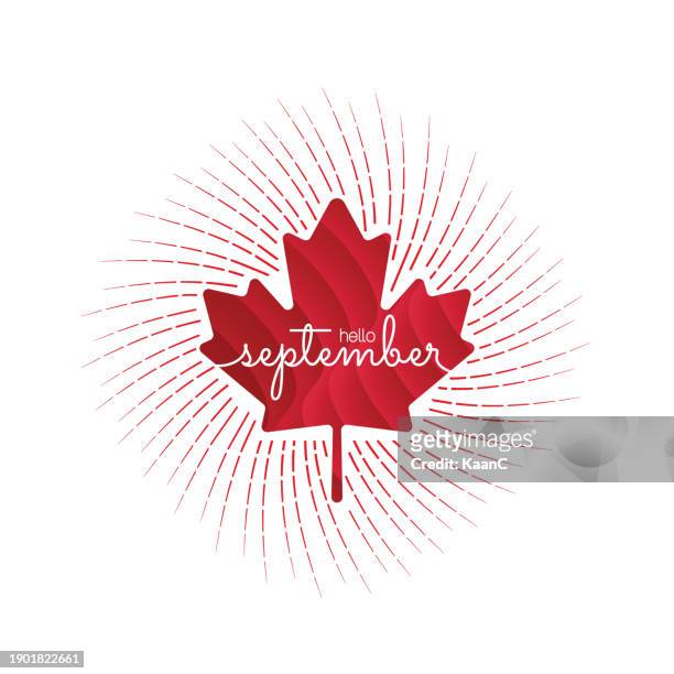 canadian concept, handwritten september month name with a red maple leaf. hello september. september. vector stock illustration. - canadian maple leaf icon stock illustrations