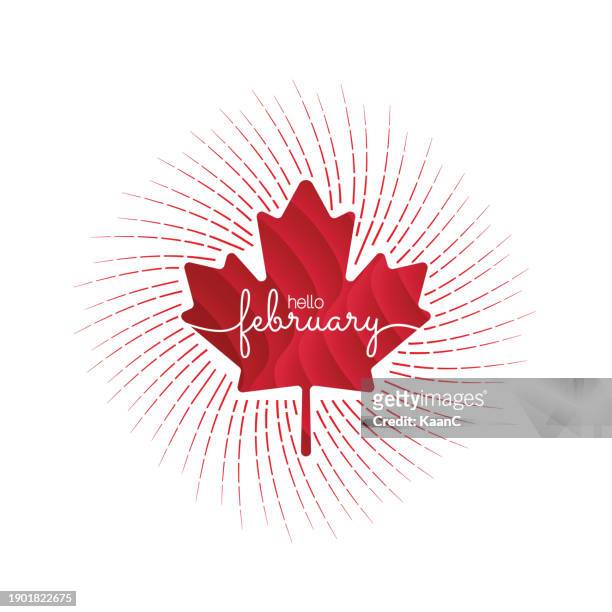 canadian concept, handwritten february month name with a red maple leaf. hello february. february. vector stock illustration. - canadian maple leaf icon stock illustrations
