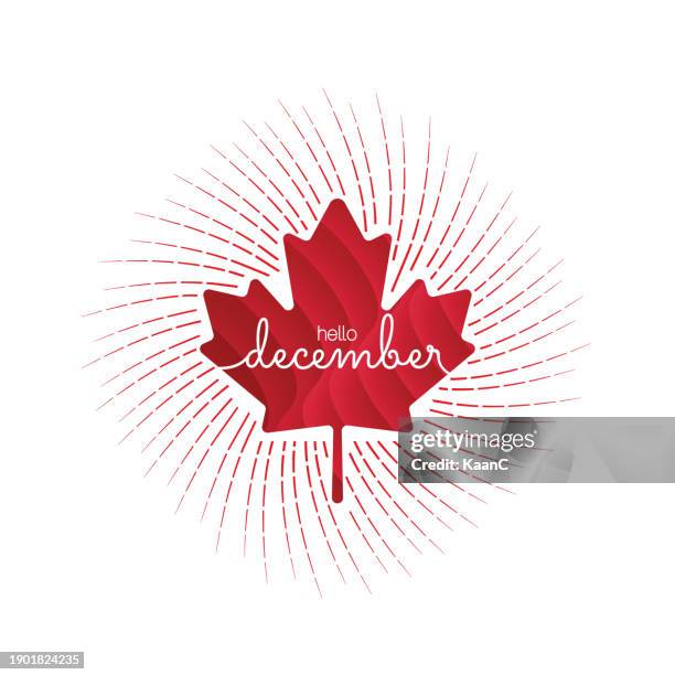 canadian concept, handwritten december month name with a red maple leaf. hello december. december. vector stock illustration. - canadian maple leaf icon stock illustrations