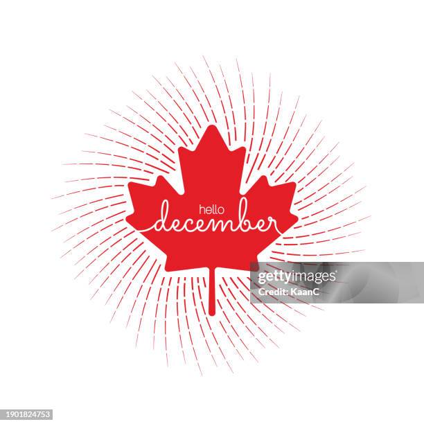 canadian concept, handwritten december month name with a red maple leaf. hello december. december. vector stock illustration. - canadian maple leaf icon stock illustrations