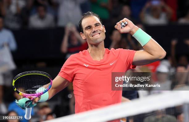 Rafael Nadal of Spain celebrates victory after his match against Dominic Thiem of Austria during day two of the 2024 Brisbane International at...