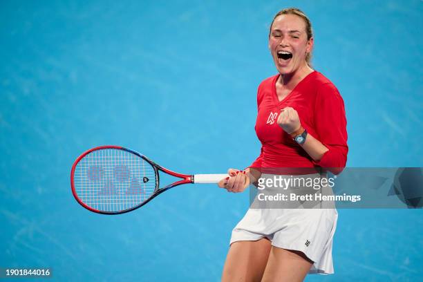Donna Vekić of Croatia celebrates victory in the Group F match against Arantxa Rus of the Netherlands during day 4 of the 2024 United Cup at Ken...