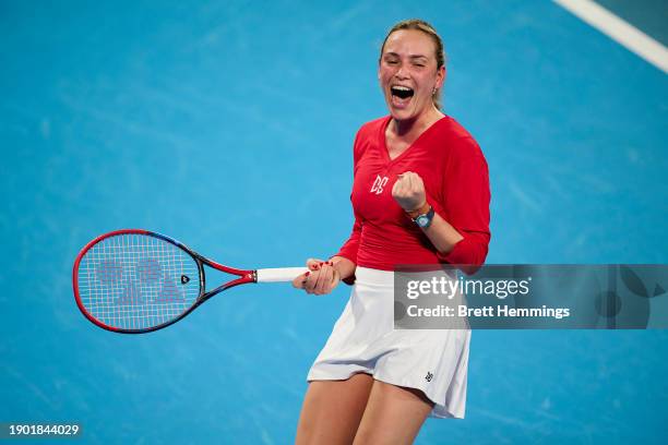 Donna Vekić of Croatia celebrates victory in the Group F match against Arantxa Rus of the Netherlands during day 4 of the 2024 United Cup at Ken...