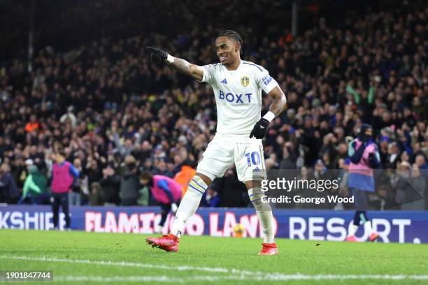 Crysencio Summerville of Leeds United celebrates scoring their team's third goal during the Sky Bet Championship match between Leeds United and...