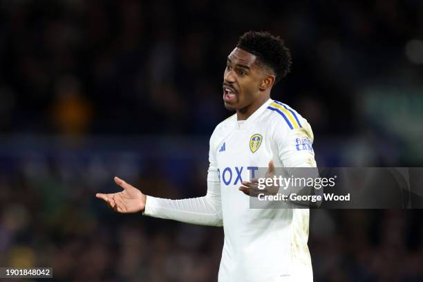 Junior Firpo of Leeds United reacts during the Sky Bet Championship match between Leeds United and Birmingham City at Elland Road on January 01, 2024...
