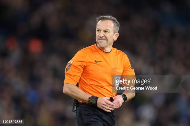 Referee, Keith Stroud reacts during the Sky Bet Championship match between Leeds United and Birmingham City at Elland Road on January 01, 2024 in...