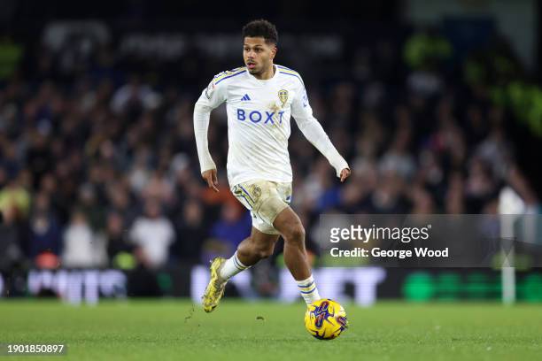 Georginio Rutter of Leeds United runs with the ball during the Sky Bet Championship match between Leeds United and Birmingham City at Elland Road on...
