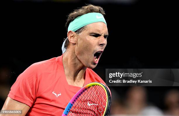 Rafael Nadal of Spain celebrates after winning a point in his match against Dominic Thiem of Austria during day two of the 2024 Brisbane...