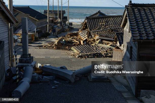 Houses damaged by the earthquake are seen on January 02, 2024 in Wajima, Japan. A series of major earthquakes have reportedly killed at least 48...