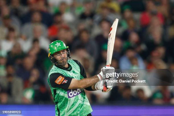 Glenn Maxwell of the Stars hits a six during the BBL match between Melbourne Stars and Melbourne Renegades at Melbourne Cricket Ground, on January 02...