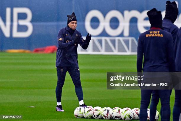 Kylian Mbappe reacts during a Paris Saint-Germain training session at Campus PSG on January 02, 2024 in Paris, France.