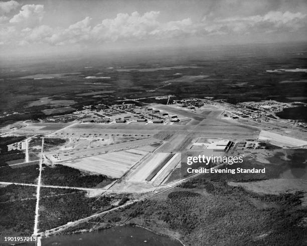 Aerial view of Royal Canadian Air Force Station Gander in Newfoundland, circa 1946.