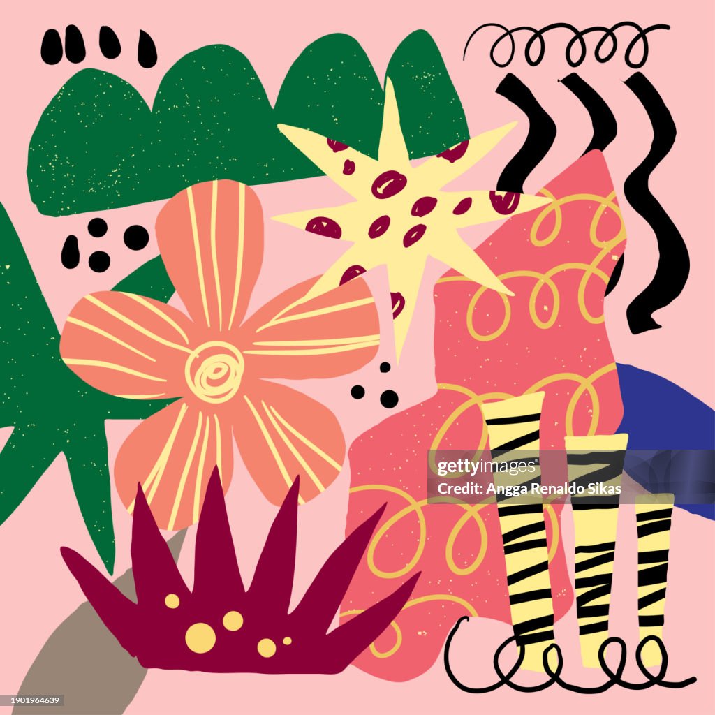 Abstract collage digital art print. Botanical poster vector illustration