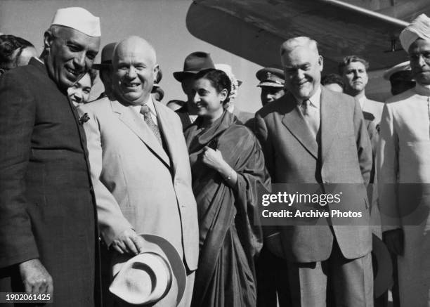 Indian politician Jawaharlal Nehru, Prime Minister of India, Russian politician Nikita Khrushchev, First Secretary of the Soviet Communist Party,...