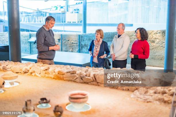 ein erfahrener geschichtsforscher zeigt seinen älteren kollegen seine erkenntnisse in einer geschichtsausstellung - museumswärter stock-fotos und bilder