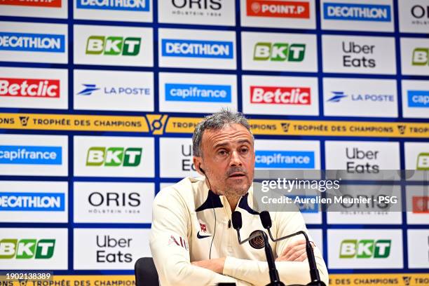 Paris Saint-Germain head coach Luis Enrique answers journalists during a press conference prior the Trophee Des Champions Final against Toulouse FC...