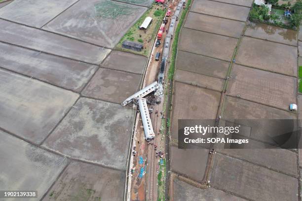 Aerial view of two trains after they collided in Cicalengka. Nearly 500 passengers were evacuated on Friday morning after two trains collided on the...