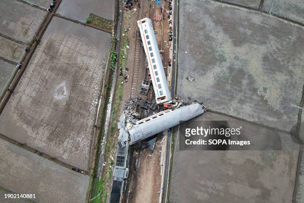 Aerial view of two trains after they collided in Cicalengka. Nearly 500 passengers were evacuated on Friday morning after two trains collided on the...