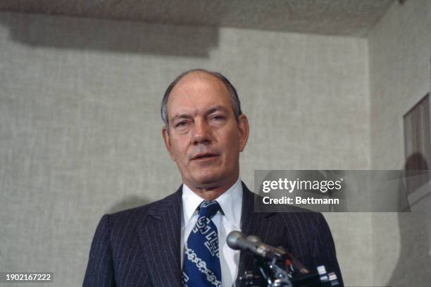 Alan Stephenson Boyd , president of Amtrak, speaking at a press conference in Washington DC, December 13th 1978.