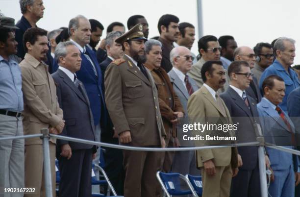 Cuban President Fidel Castro is shown on the reviewing stand during a military parade in Havana, Cuba, January 2nd 1979.