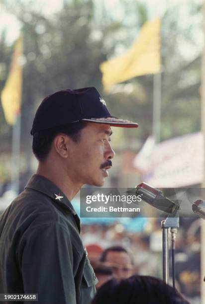 South Vietnamese Prime Minister Nguyen Cao Ky addressing a crowd at Da Nang, South Vietnam, July 7th 1967. He was speaking during a campaign ahead of...