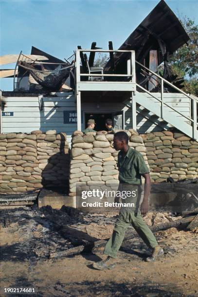 Wrecked barracks at Da Nang Airbase following a Vietcong rocket attack, South Vietnam, July 15th 1967.