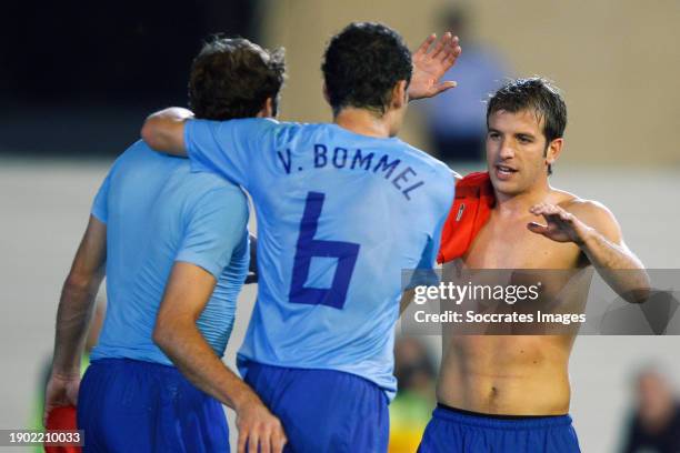 Holland Joris Mathijsen Mark van Bommel Rafael van der Vaart celebrating the victory during the World Cup Qualifier match between FYR Macedonia v...