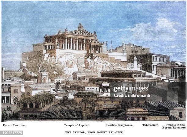 old engraved illustration of roman forum and palatine hill - old rome, italy - romeinse rijk stockfoto's en -beelden