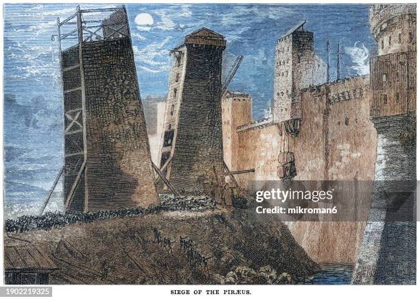 old engraved illustration of siege of the piraeus - siege of athens and piraeus was a siege of the first mithridatic war that took place from autumn of 87 bc to the spring and summer of 86 bc. - siege stock pictures, royalty-free photos & images