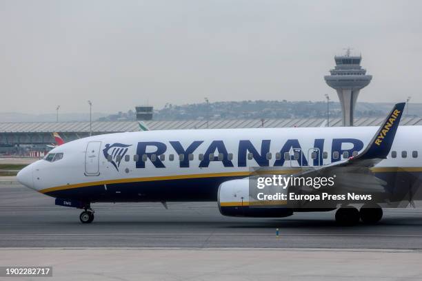 Ryanair airline plane at Adolfo Suarez Madrid-Barajas airport, Jan. 2 in Madrid, Spain. UGT has called a strike of the workers of the apron control...