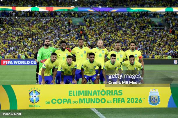 Team group of Brazil from the left up : Alisson Becker ,Emerson Royal ,Gabriel Magalhaes ,Carlos Augusto ,Gabriel Jesus ,Marquinhos ,Andre ,Bruno...