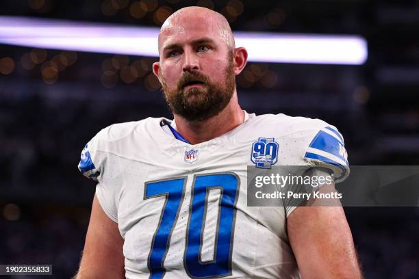 Dan Skipper of the Detroit Lions looks on from the sideline during an NFL football game against the Dallas Cowboys at AT&T Stadium on December 30,...