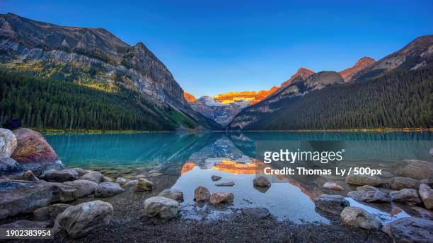 scenic view of lake and mountains against blue sky,lake louise,canada - lake louise ストックフォトと画像