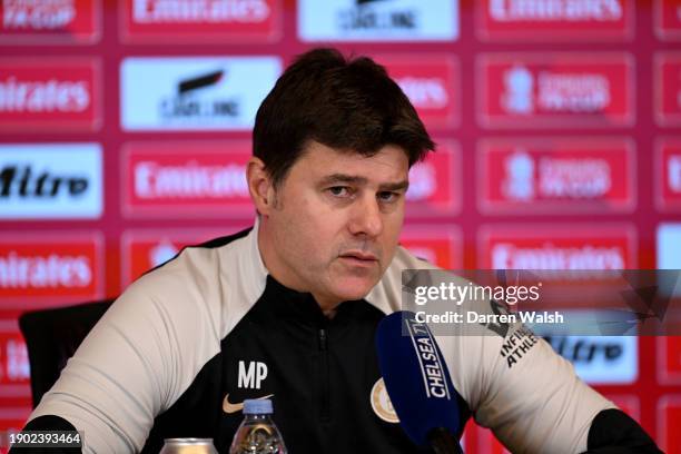 Head Coach Mauricio Pochettino of Chelsea attends a press conference at Chelsea Training Ground on January 5, 2024 in Cobham, England.