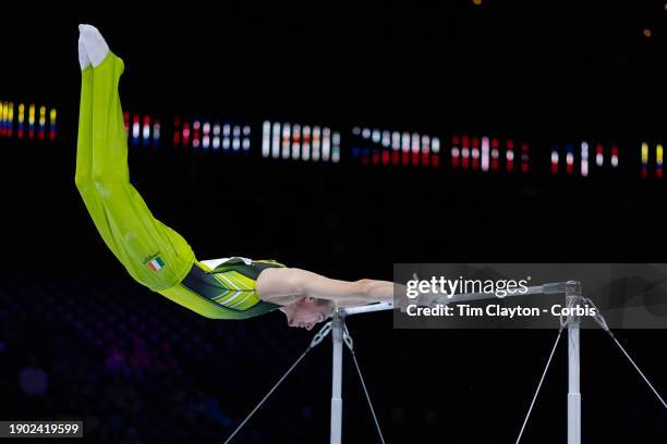 October 01: Adam Steele of Ireland performs his horizontal bar routine during Men's Qualifications at the Artistic Gymnastics World...