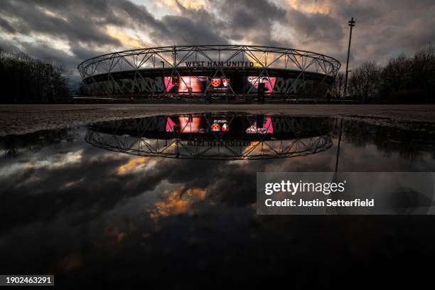 General view outside the stadium prior to the Premier League match between West Ham United and Brighton & Hove Albion at London Stadium on January...