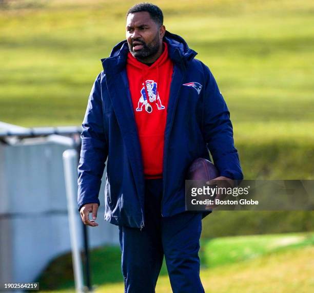 Foxborough, MA New England Patriots assistant coach Jerod Mayo at practice.