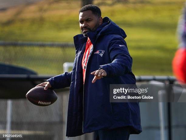 Foxborough, MA New England Patriots assistant coach Jerod Mayo at practice.