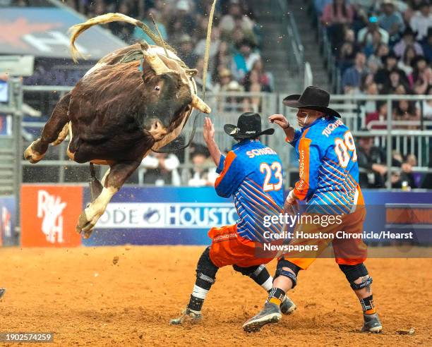 Smooth Disaster flies into the air after Tyler Binghams ride in the bull riding competition during round 3 of Super Series III at Rodeo Houstons...