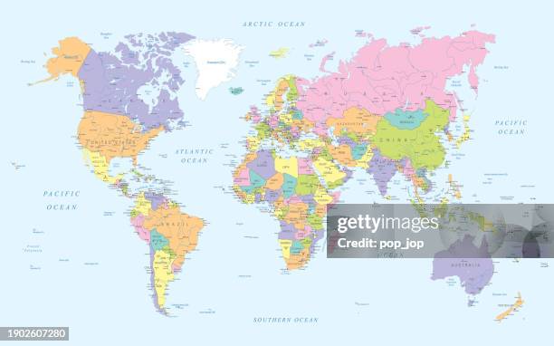 illustrations, cliparts, dessins animés et icônes de world map - highly detailed vector map of the world. - capitales internationales