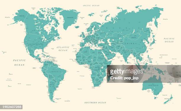 ilustraciones, imágenes clip art, dibujos animados e iconos de stock de world map - highly detailed vector map of the world. vintage retro style. - capital region