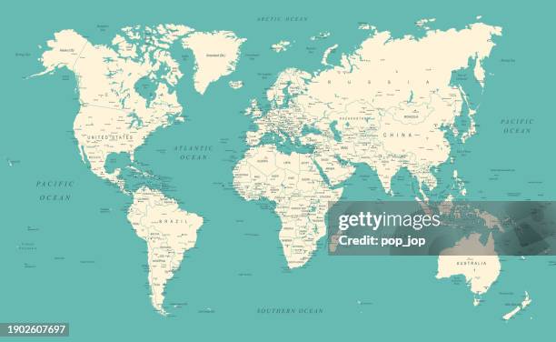 illustrations, cliparts, dessins animés et icônes de carte du monde - carte vectorielle très détaillée du monde. style rétro vintage. - océan-pacifique