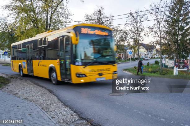 Volanbusz city public yellow bus is seen in Bogacs, Hungary, on November 9, 2023.