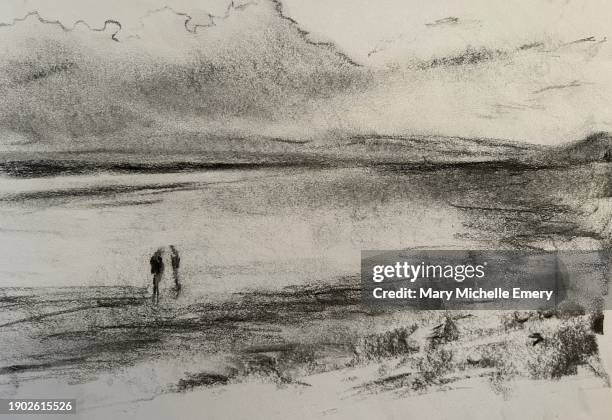 couple on a beach talking - distant stock illustrations