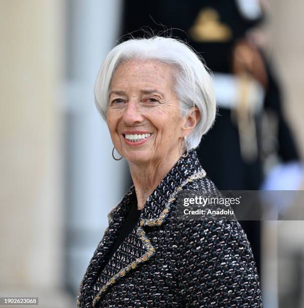 European Central Bank President Christine Lagarde arrives at the French Presidential Elysee Palace for a lunch following a national tribute ceremony...