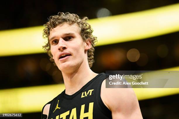 Lauri Markkanen of the Utah Jazz looks on during a game against the Dallas Mavericks at Delta Center on January 01, 2024 in Salt Lake City, Utah....